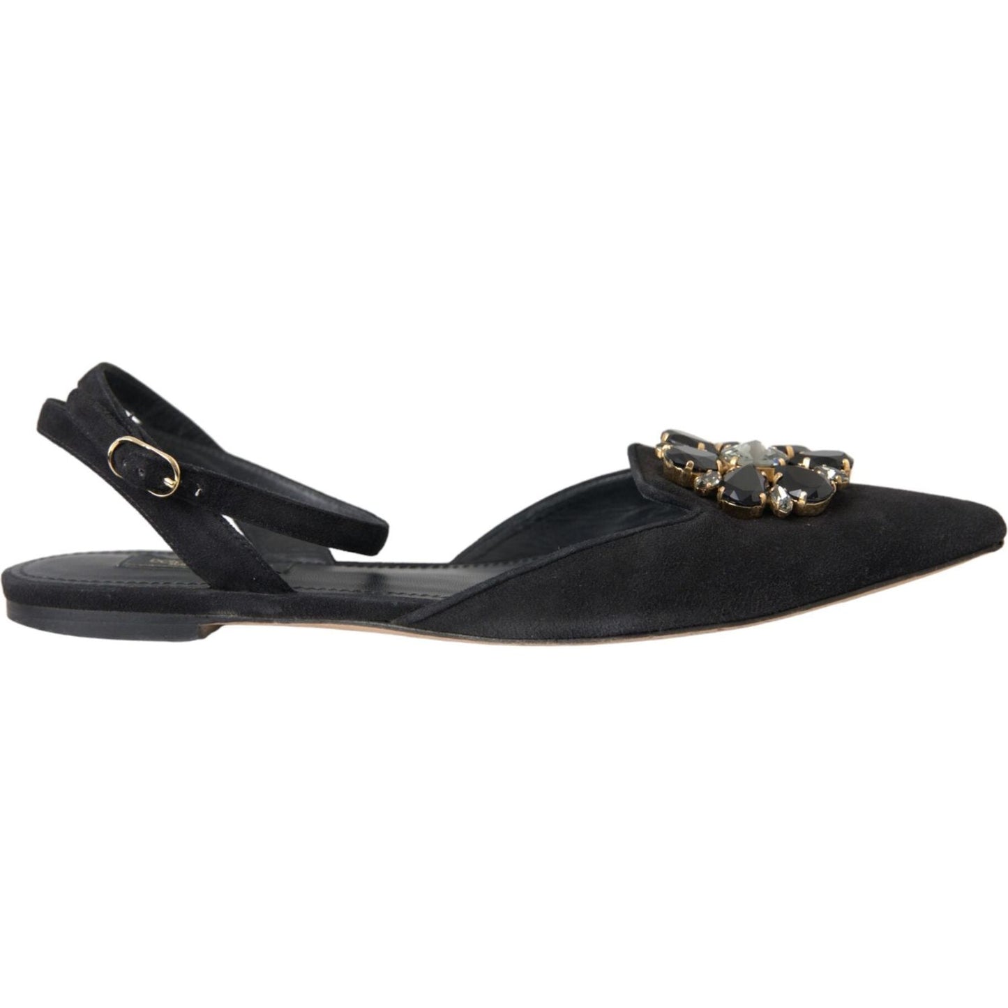 Black Leather Crystal Slingback Sandals Shoes