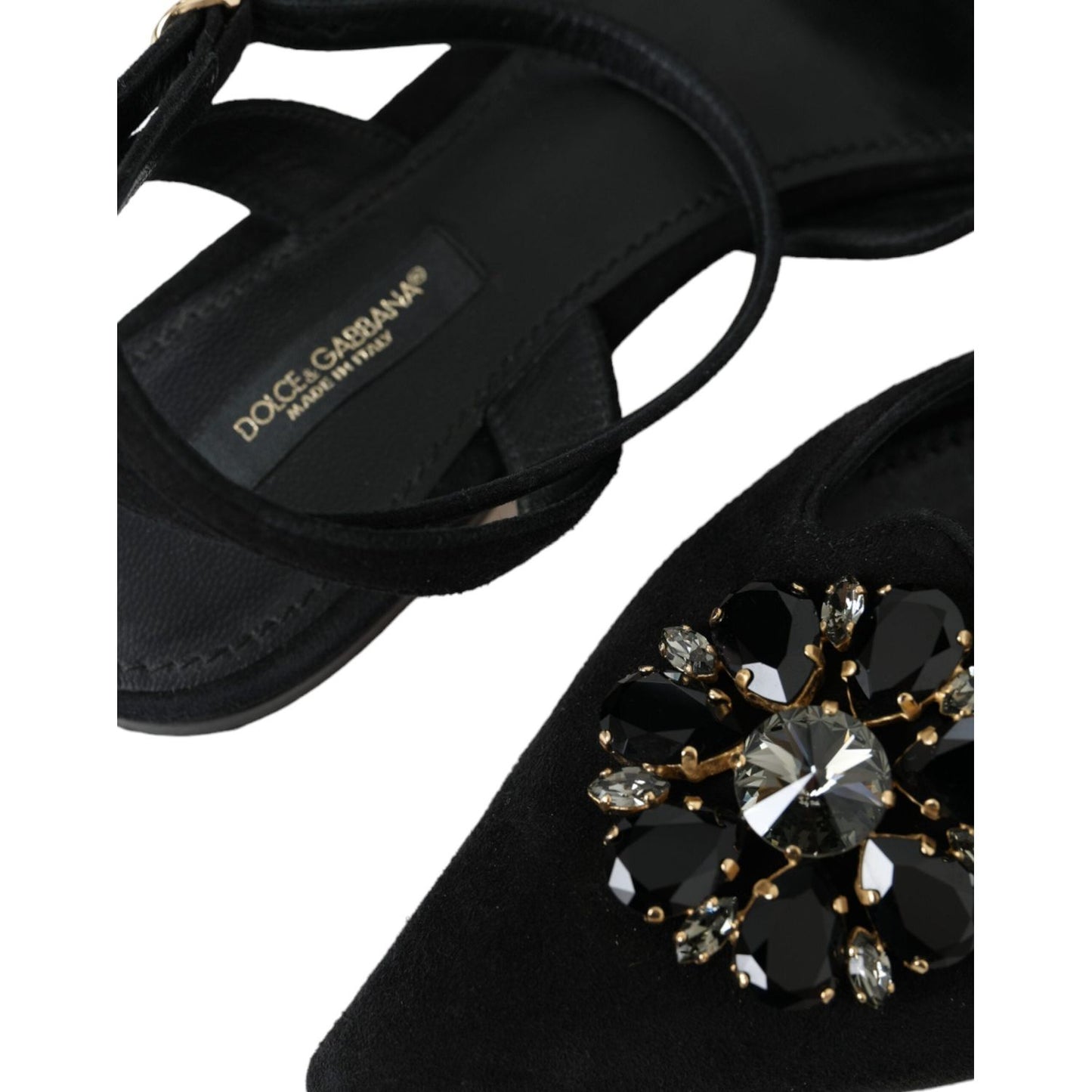 Black Leather Crystal Slingback Sandals Shoes