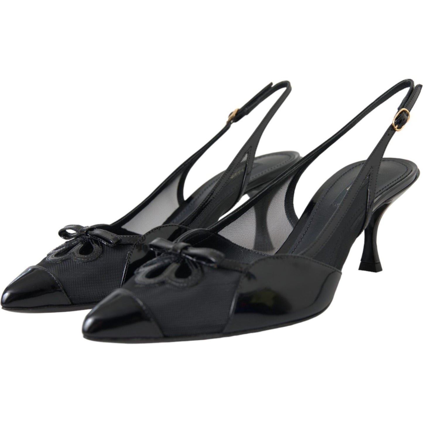 Black Leather Mesh High Heels Slingback Shoes