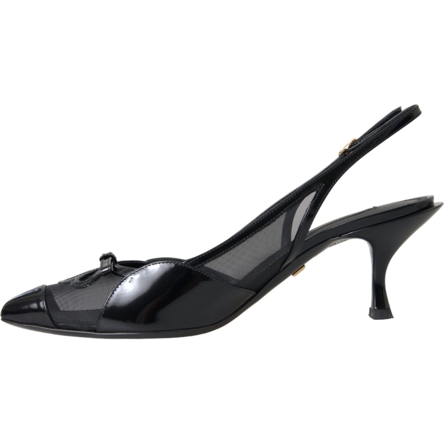 Black Leather Mesh High Heels Slingback Shoes