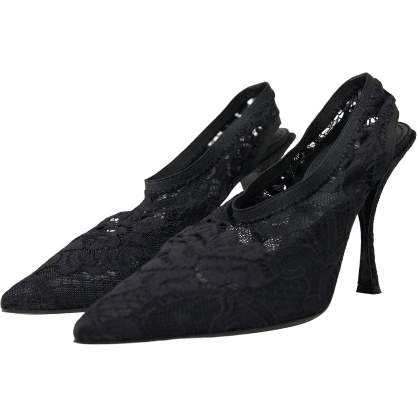 Black Lace Stretch Heels Slingbacks Shoes