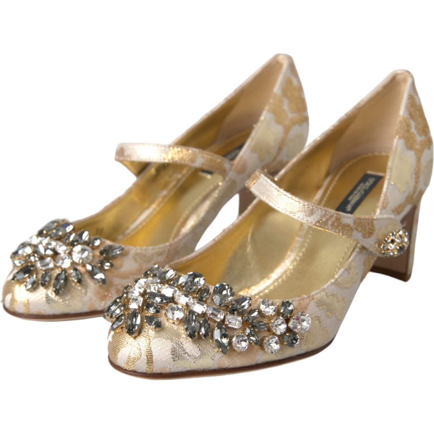 Gold Jacquard Crystal Mary Janes Pumps Shoes