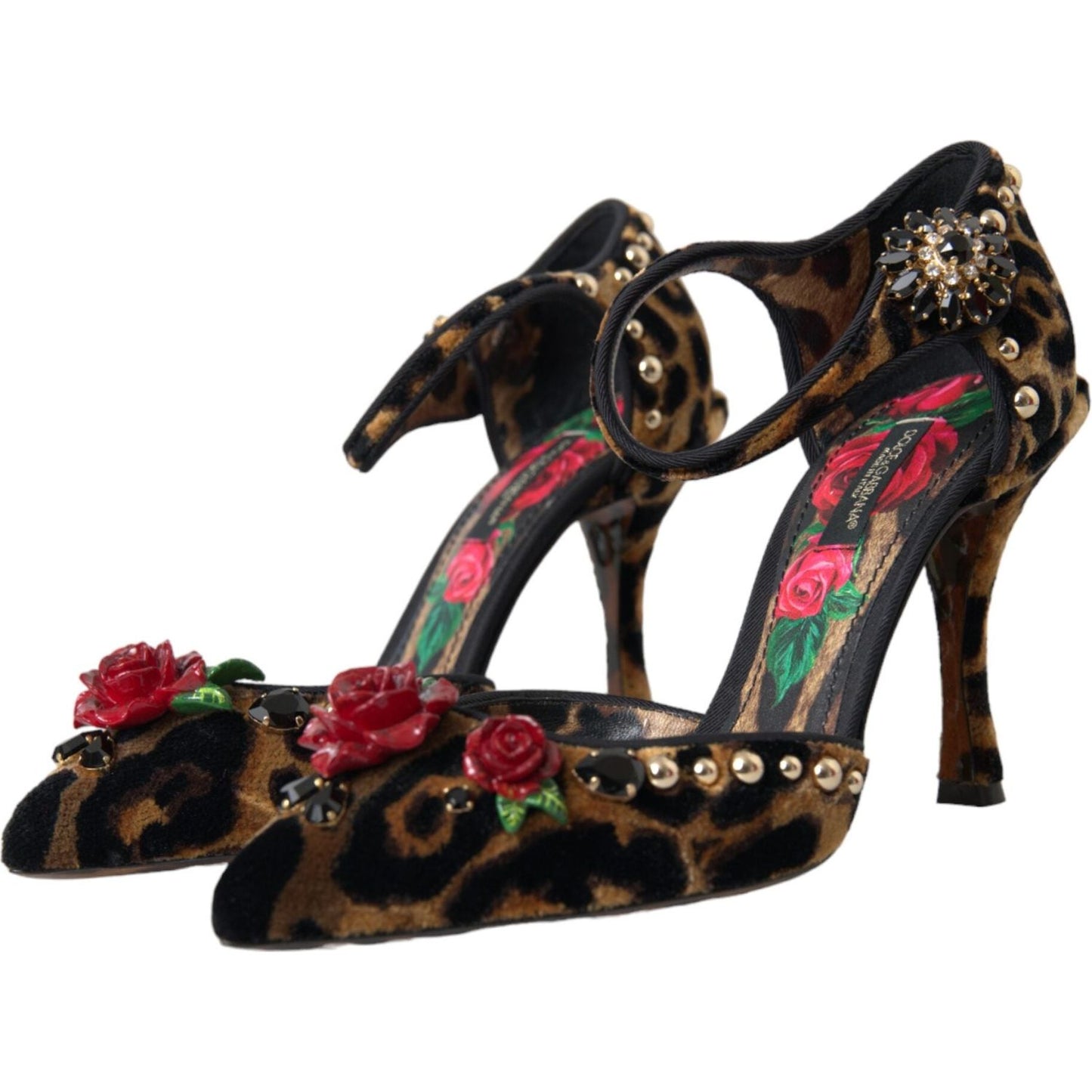 Brown Leopard Floral Crystal Mary Janes Pumps Shoes