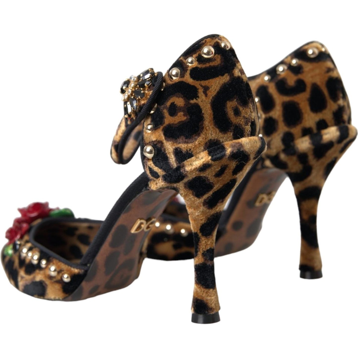 Brown Leopard Floral Crystal Mary Janes Pumps Shoes