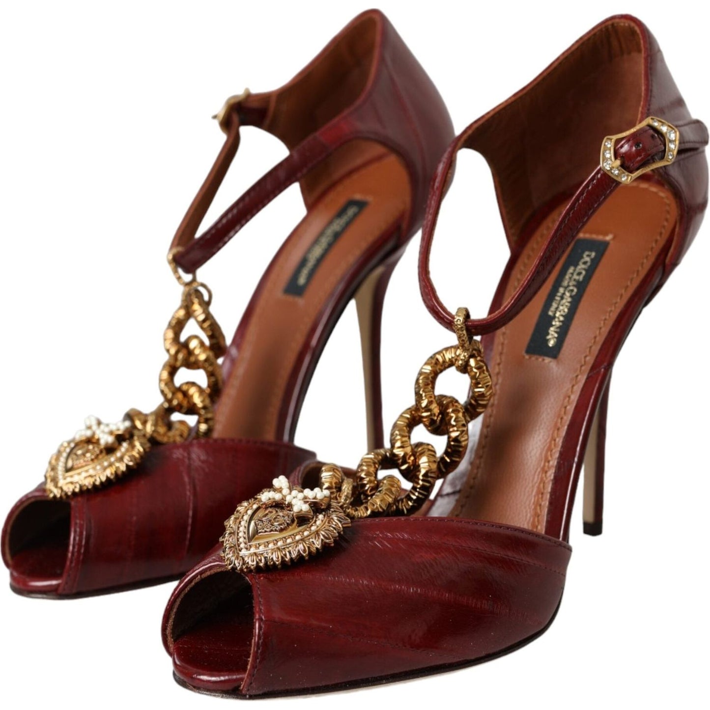 Dark Red Leather Gold Devotion Heart Sandals Shoes