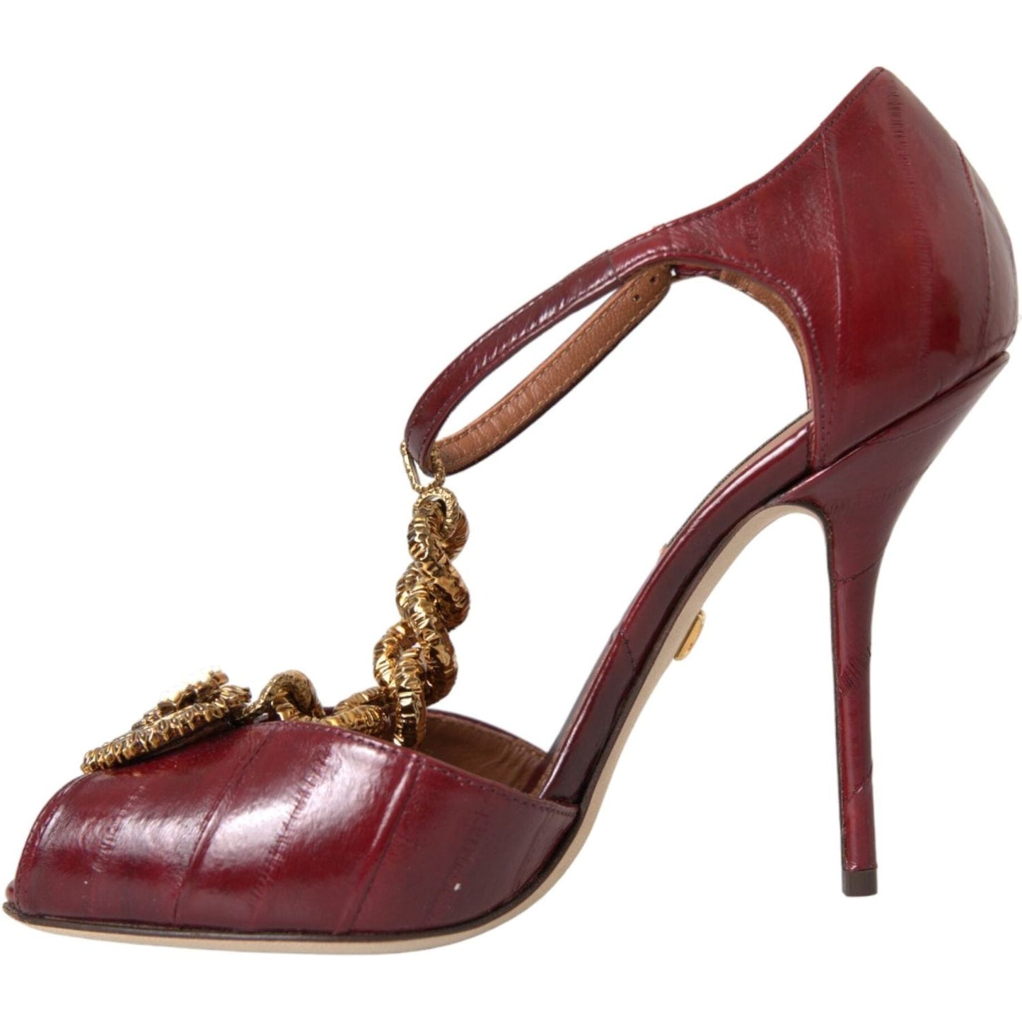 Dark Red Leather Gold Devotion Heart Sandals Shoes