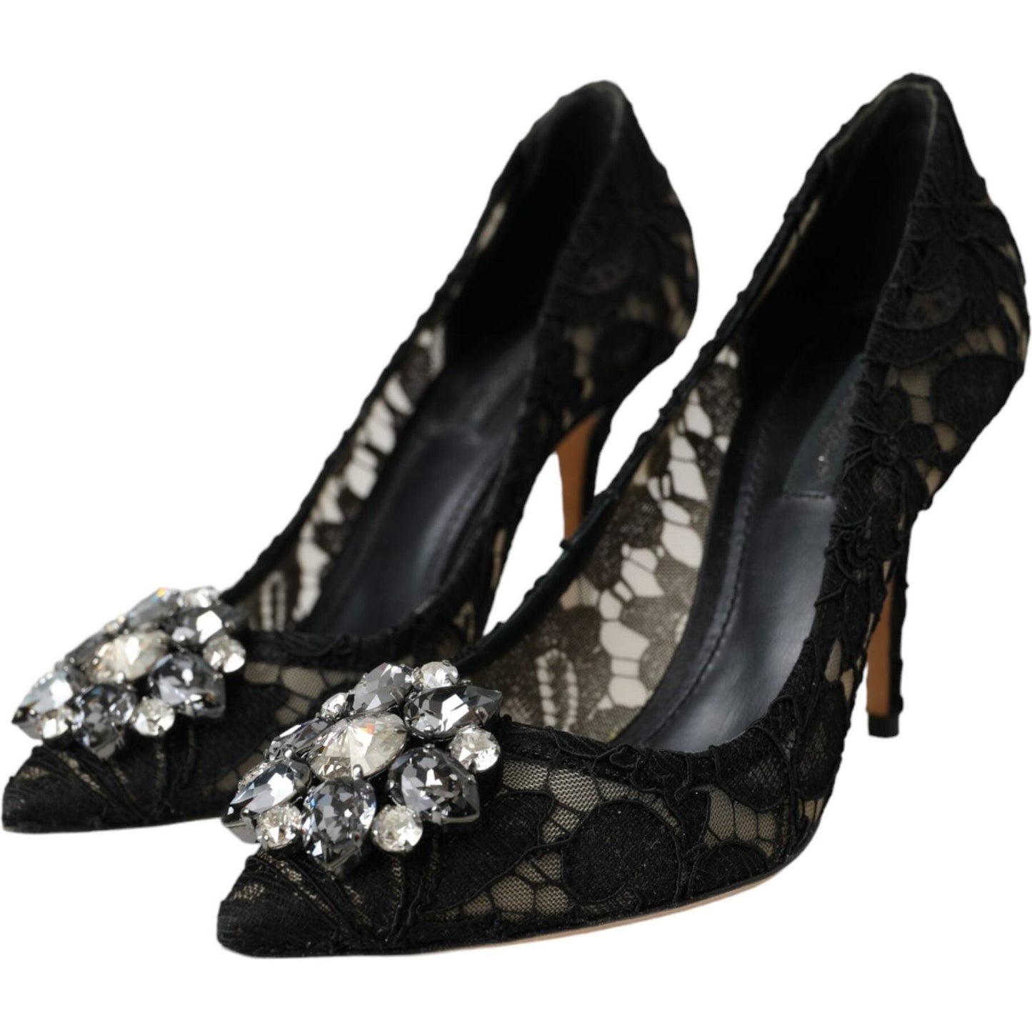 Black Taormina Lace Crystal Heel Pumps Shoes