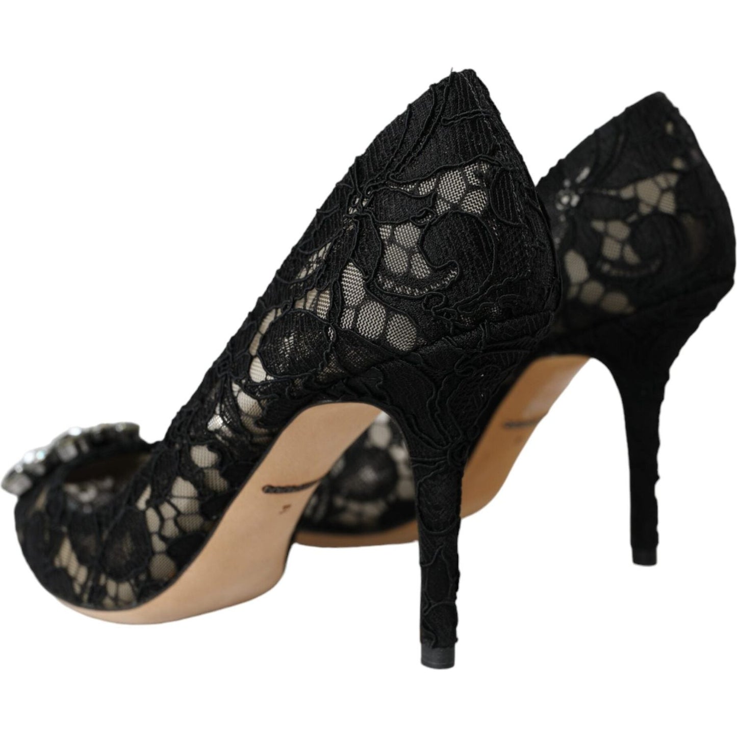 Black Taormina Lace Crystal Heel Pumps Shoes