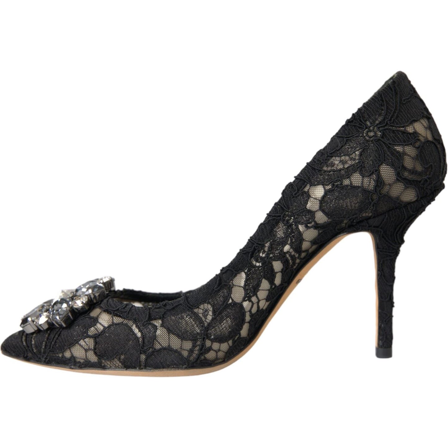 Black Taormina Lace Crystal Heel Pumps Shoes