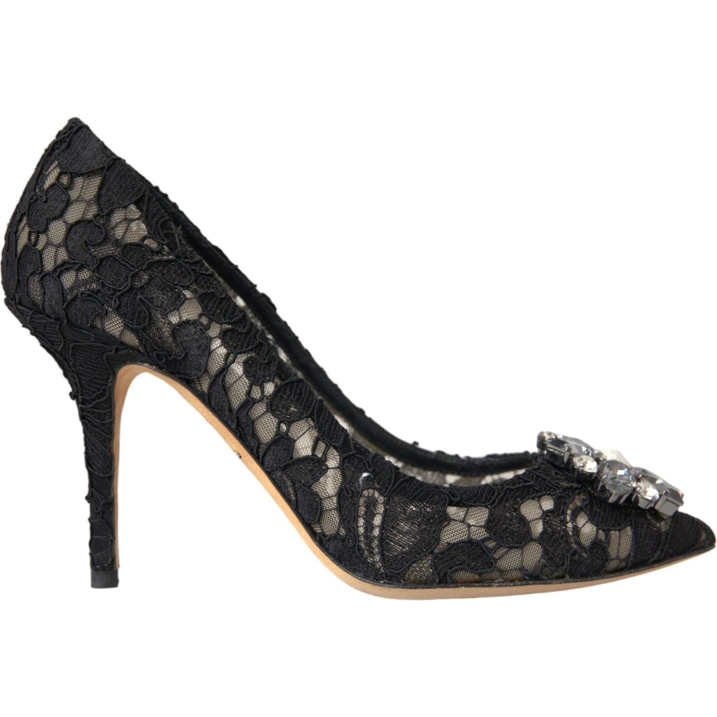 Black Taormina Lace Crystal Heel Pumps Shoes