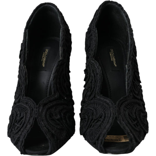 Black Cordonetto Ricamo Pump Open Toe Shoes