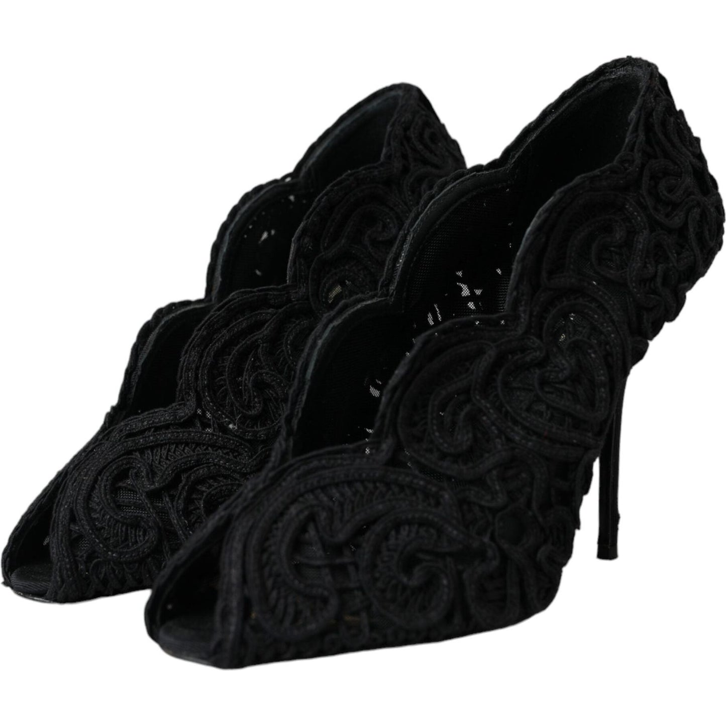 Black Cordonetto Ricamo Pump Open Toe Shoes