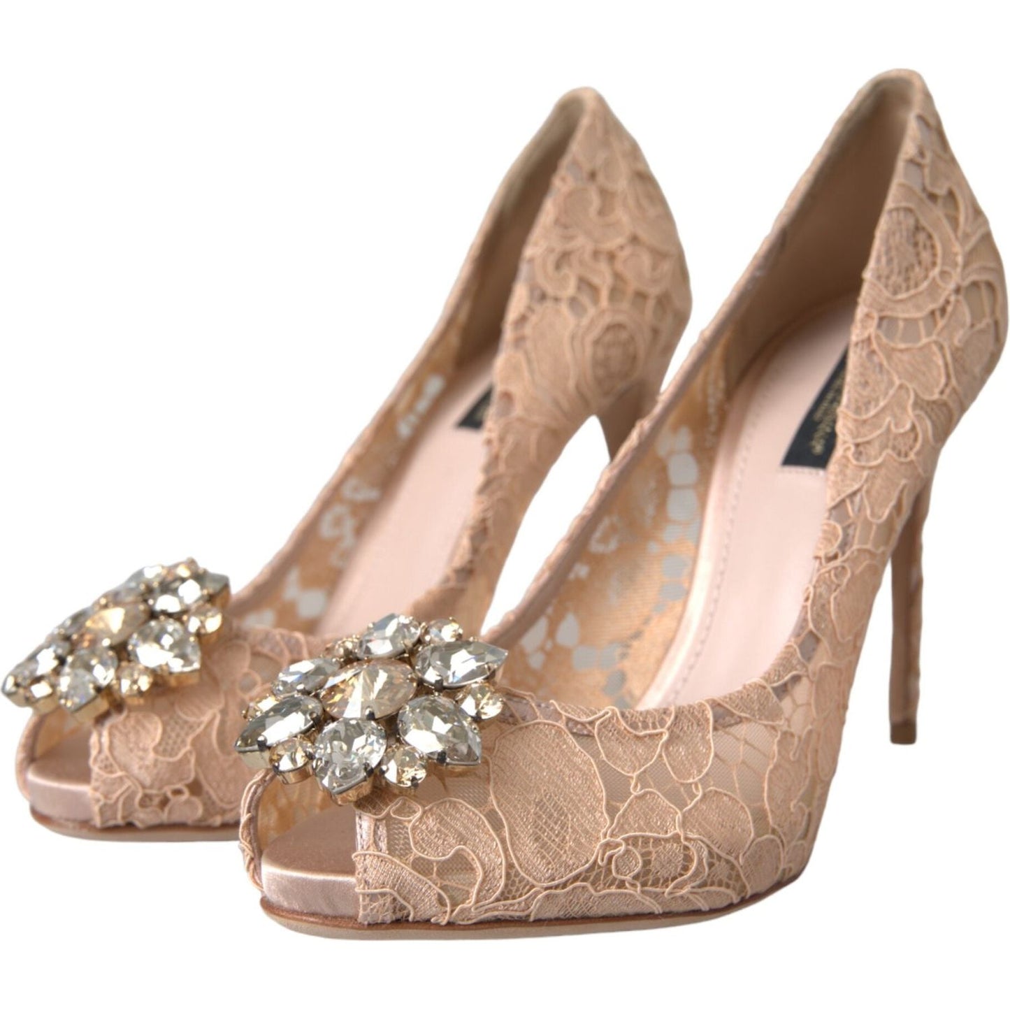 Beige Taormina Lace Crystal Heels Pumps Shoes