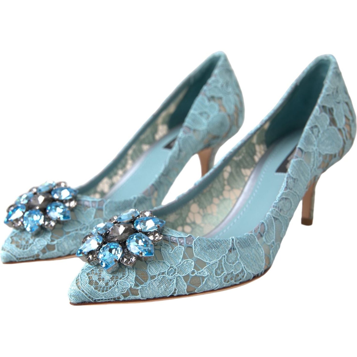 Blue Taormina Lace Crystal Heel Pumps Shoes