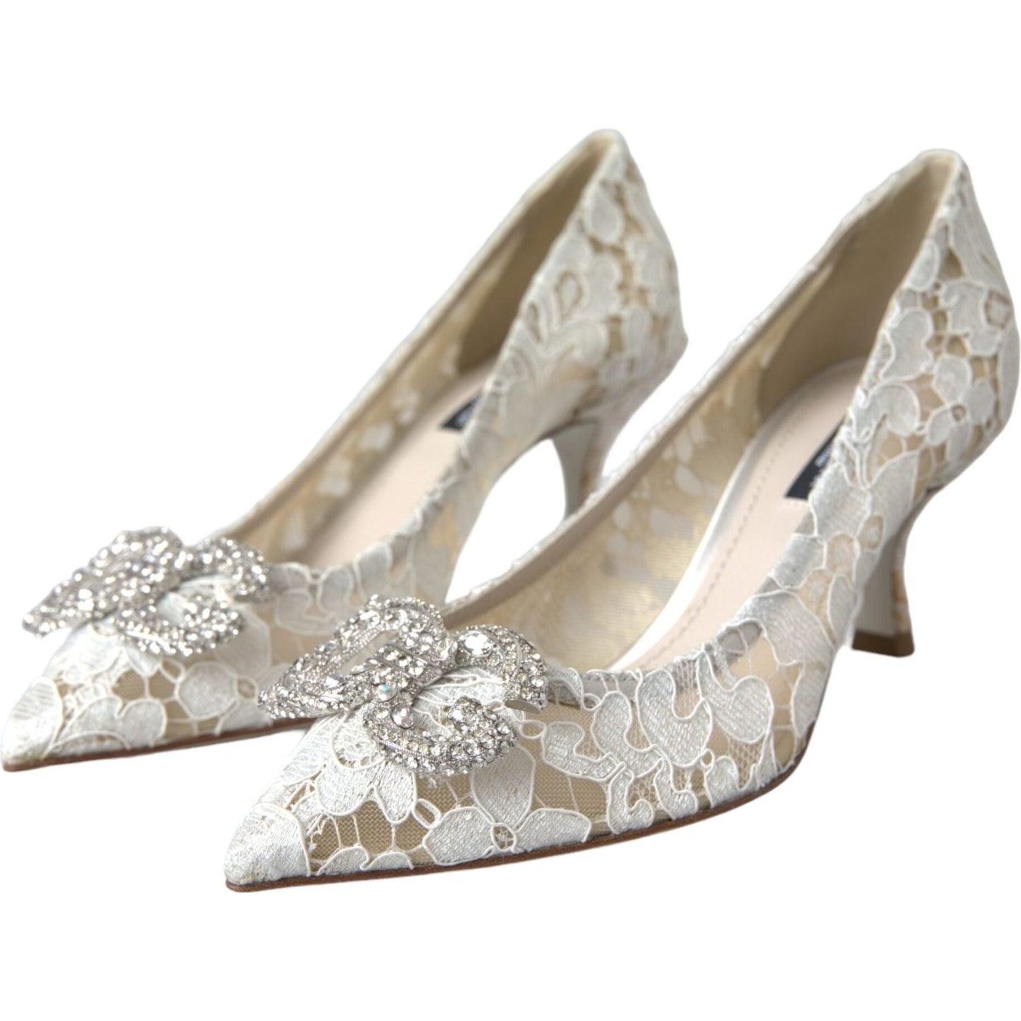 White Floral Lace DG Crystal Pumps Shoes