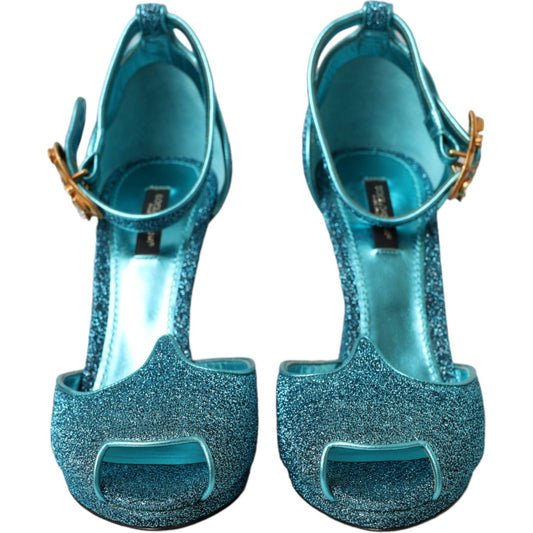 Blue Lurex Bejeweled Hand Heels Sandals Shoes