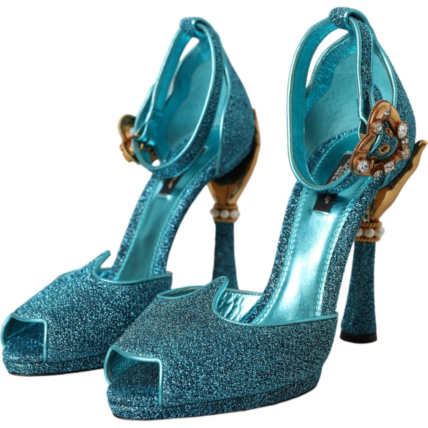 Blue Lurex Bejeweled Hand Heels Sandals Shoes