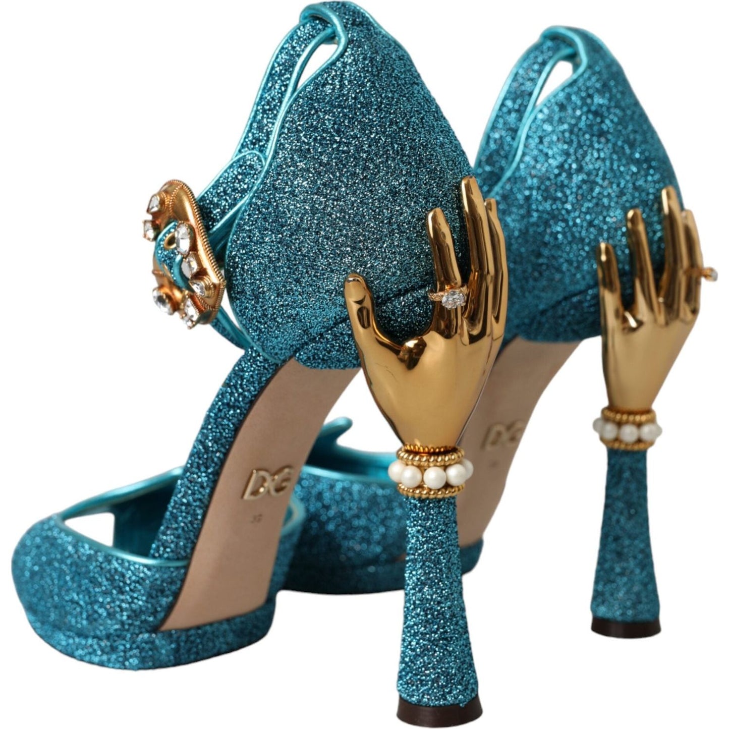 Blue Lurex Bejeweled Hand Heels Sandals Shoes