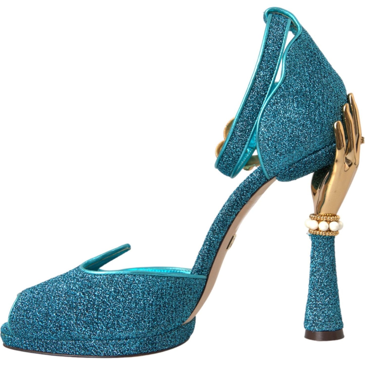 Blue Lurex Bejeweled Hand Heels Sandals Shoes