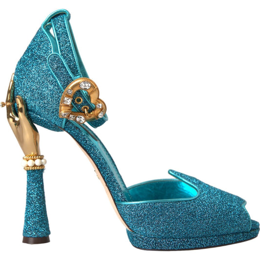 Blue Lurex Bejeweled Hand Heels Sandals Shoes