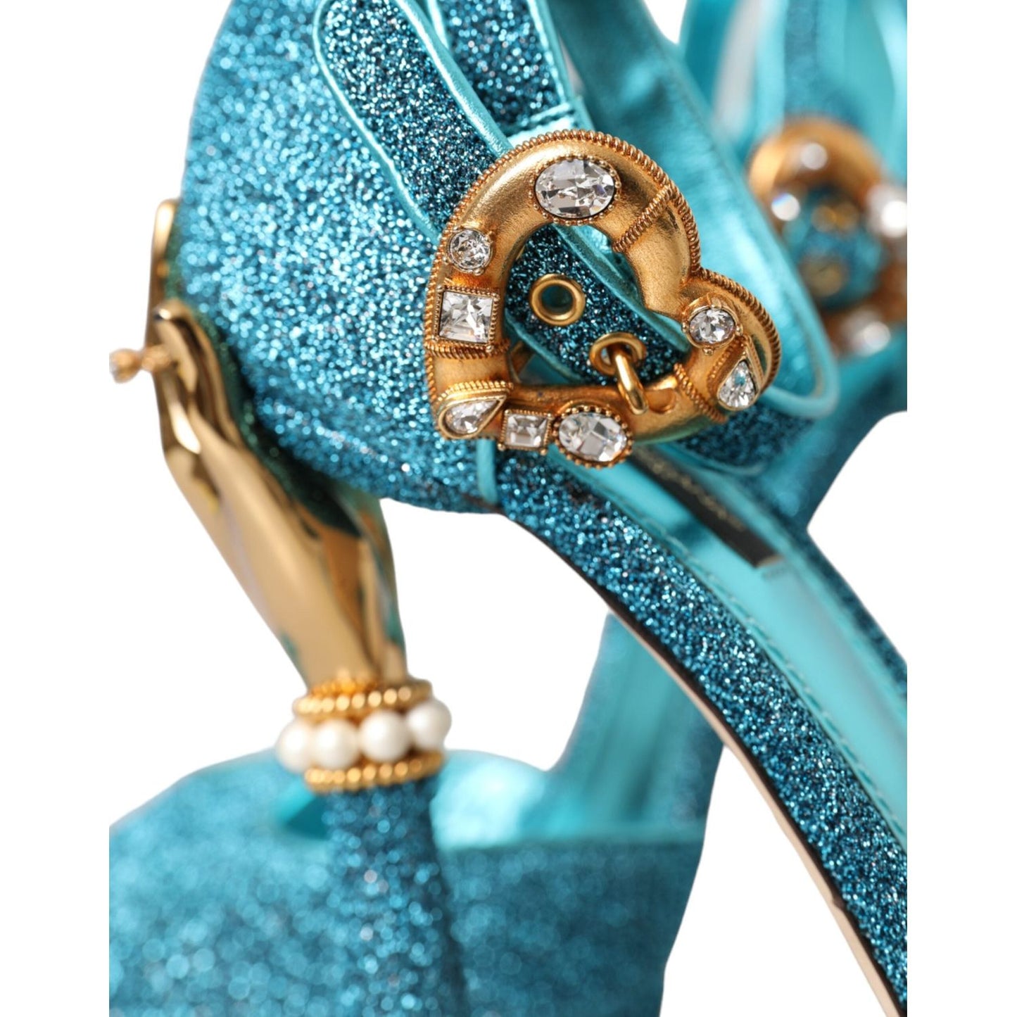 Blue Lurex Bejeweled Hand Heels Sandals Shoes