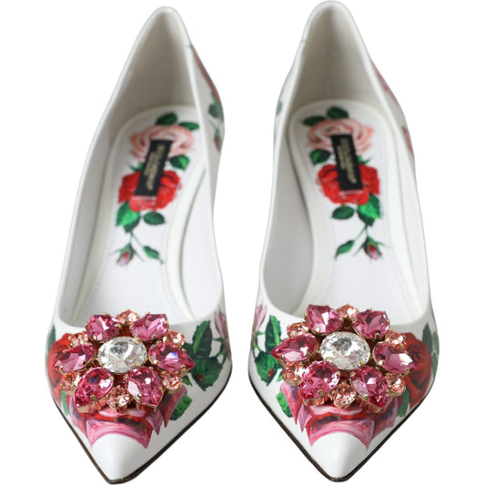 White Leather Roses Crystal Bellucci Pumps Shoes