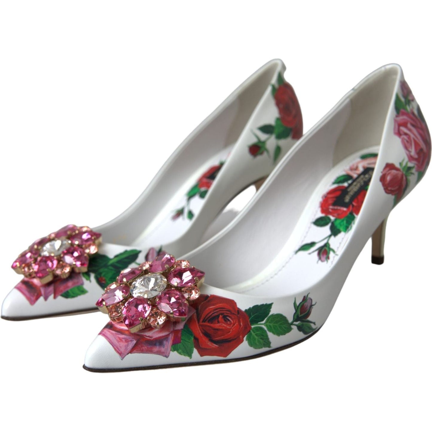 White Leather Roses Crystal Bellucci Pumps Shoes