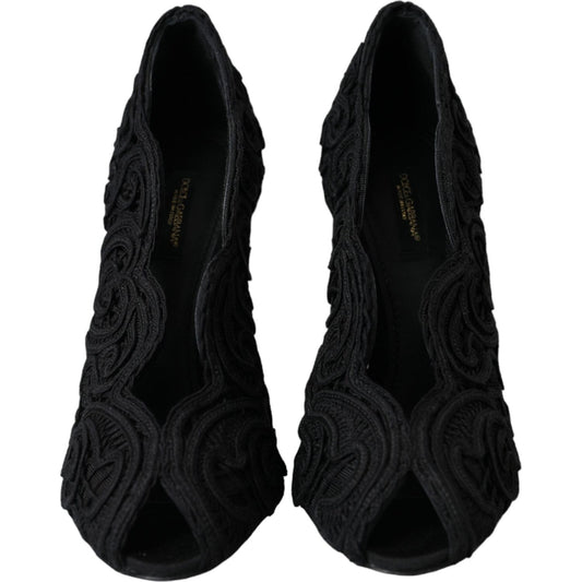 Black Cordonetto Ricamo Pump Open Toe Shoes