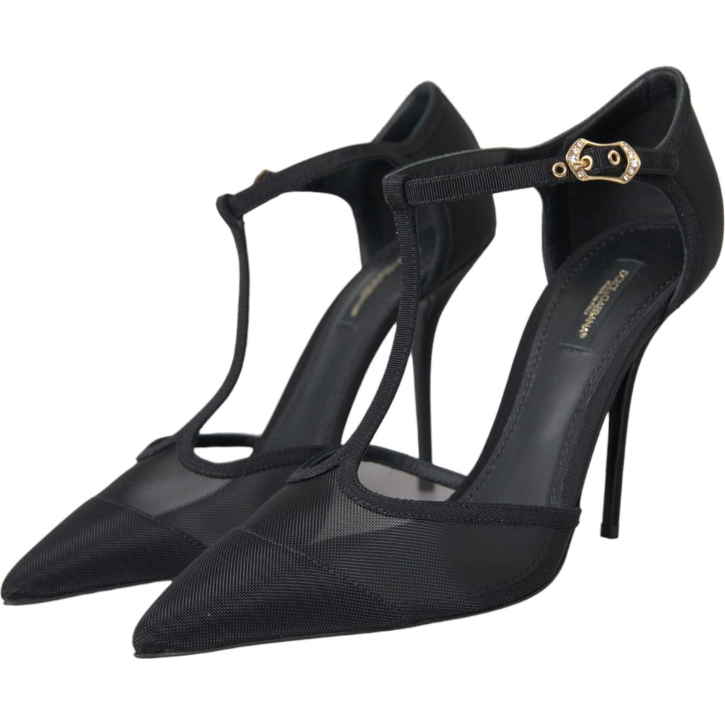 Black Mesh T-strap Stiletto Heel Pumps Shoes