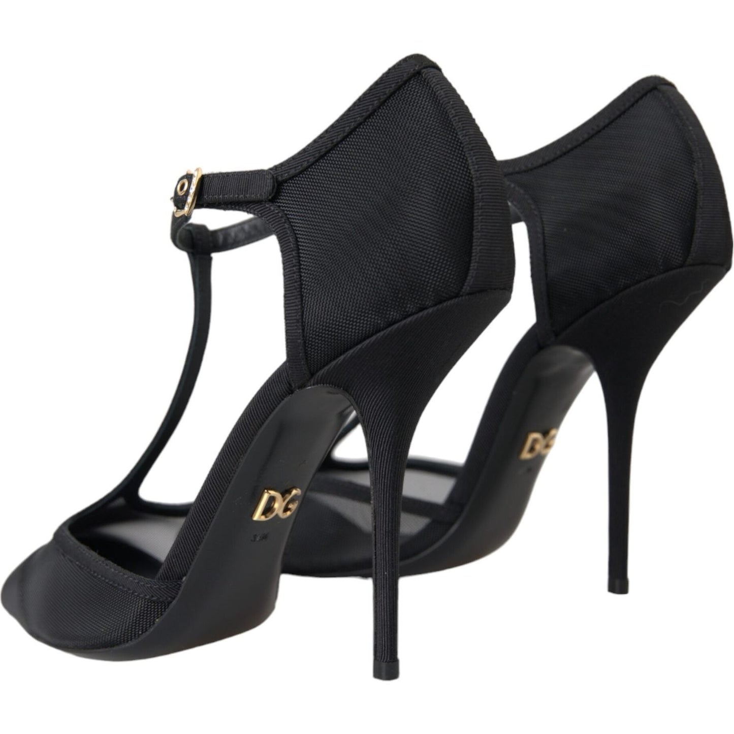 Black Mesh T-strap Stiletto Heel Pumps Shoes