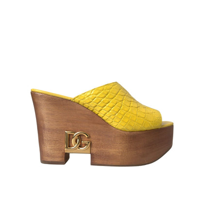 Dolce & Gabbana Yellow Leather Wood Mule Wedge Slides Shoes