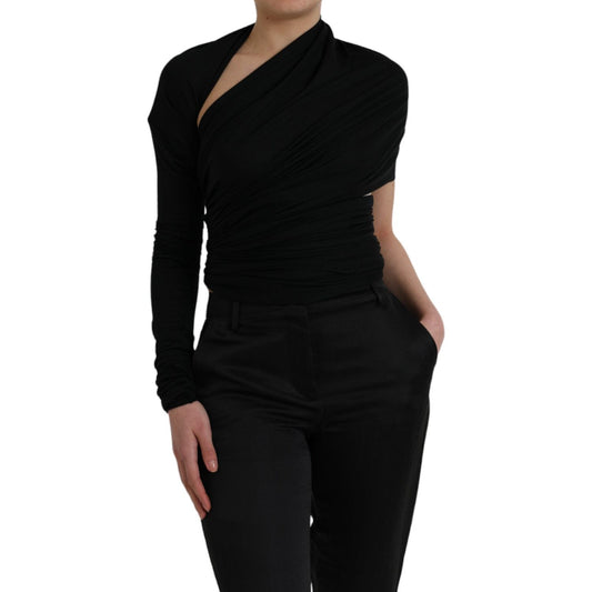 Black Wool Cutout Asymmetric Long Sleeve Top