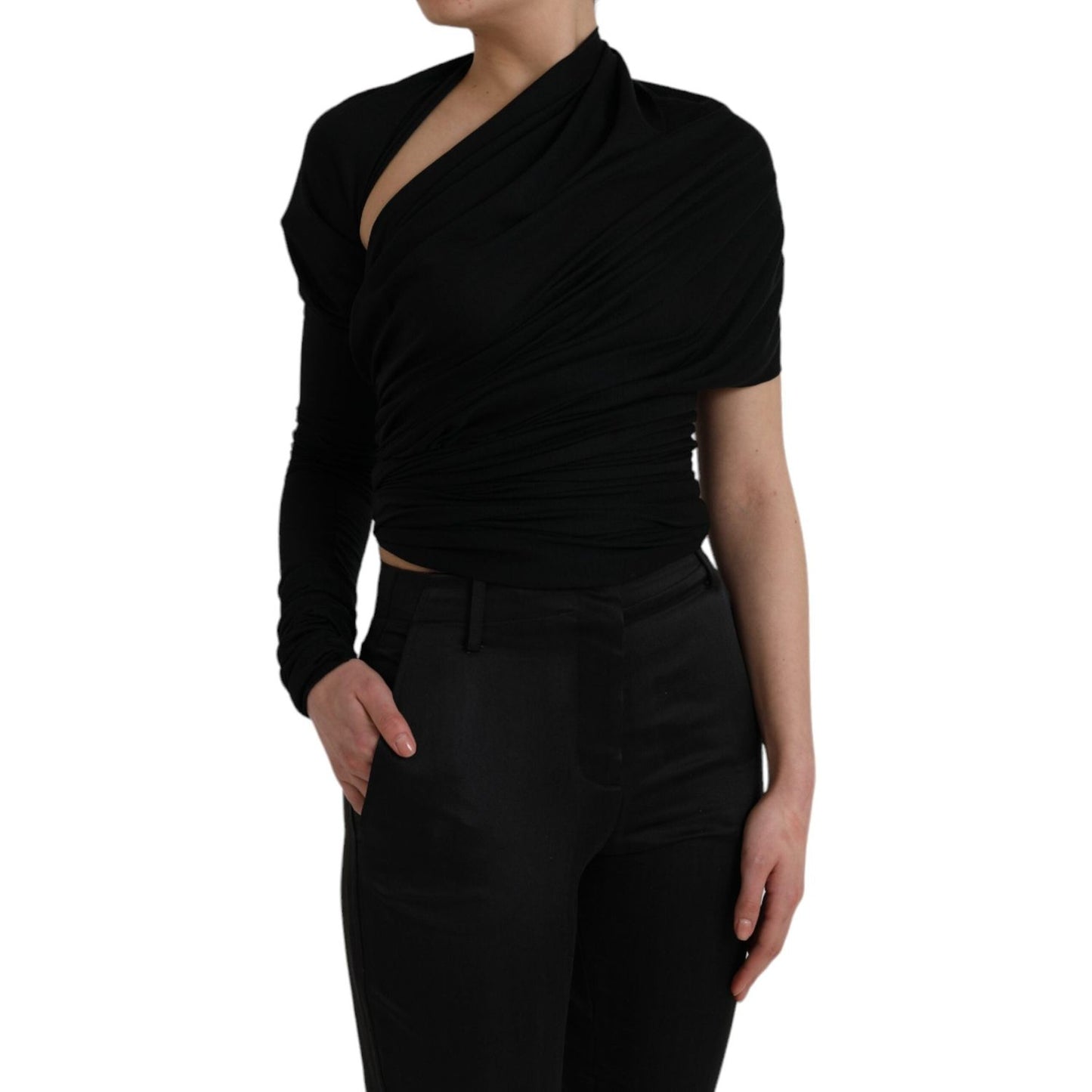 Black Wool Cutout Asymmetric Long Sleeve Top