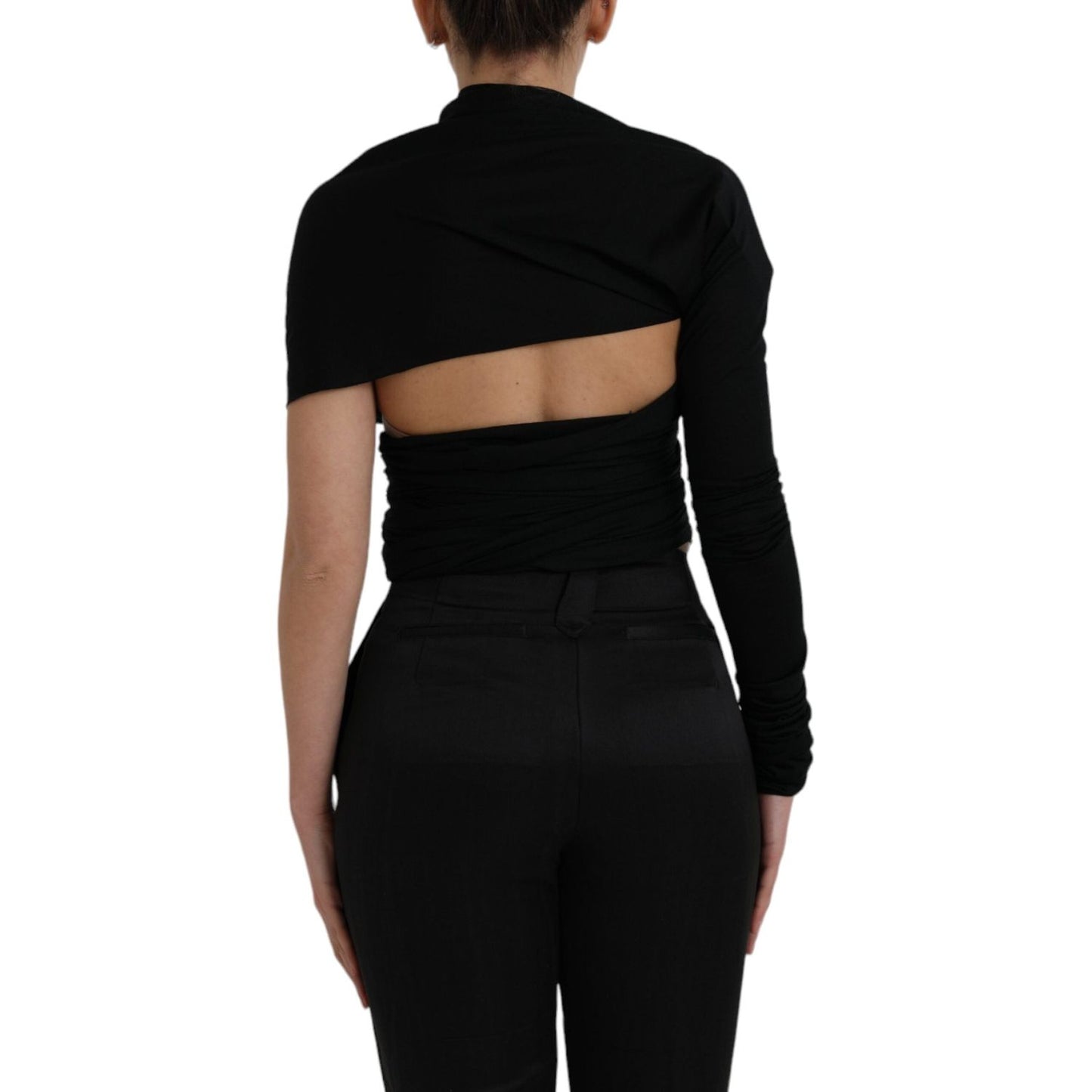 Black Wool Cutout Asymmetric Long Sleeve Top