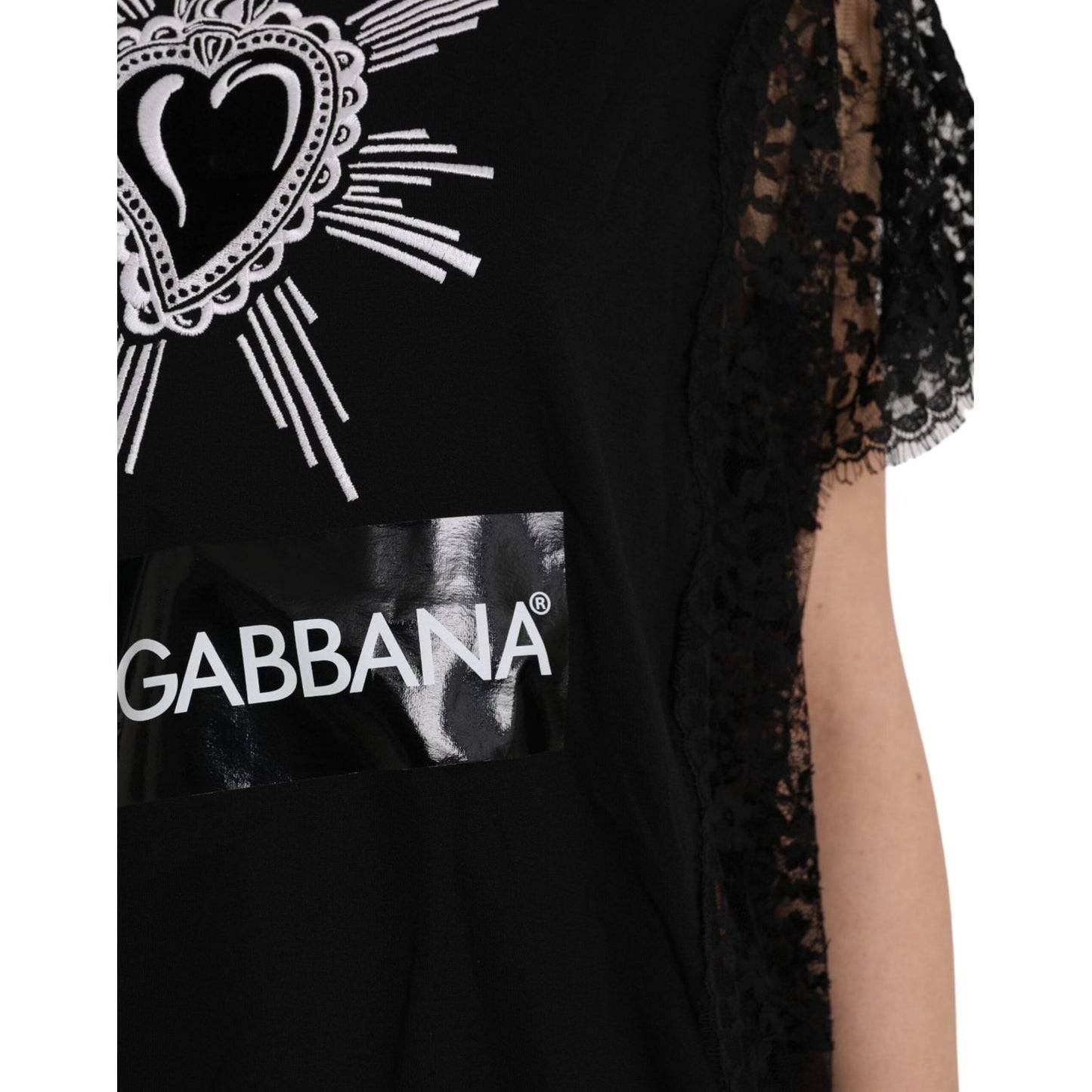 Dolce & Gabbana Black Sacred Heart Print Cotton Lace T-shirt Dolce & Gabbana