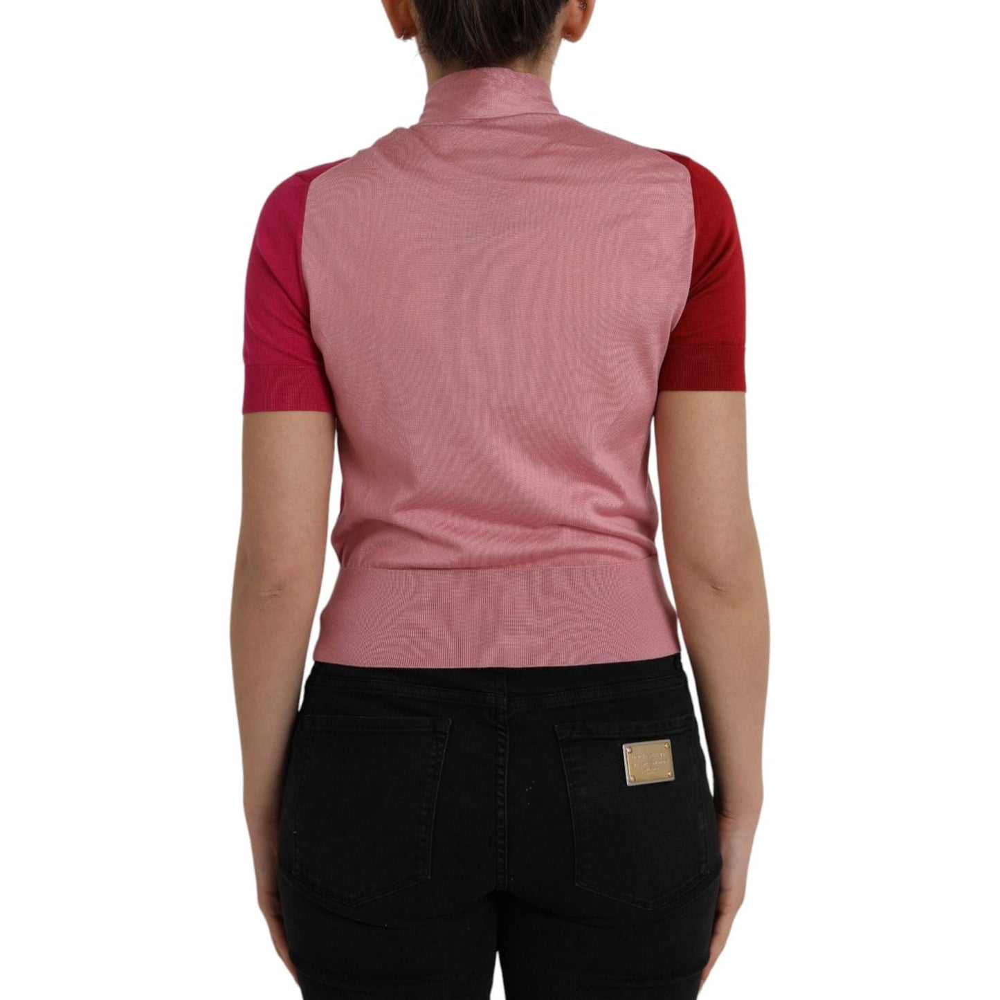 Dolce & Gabbana Pink Short Sleeves Pullover Ascot Collar Top Dolce & Gabbana