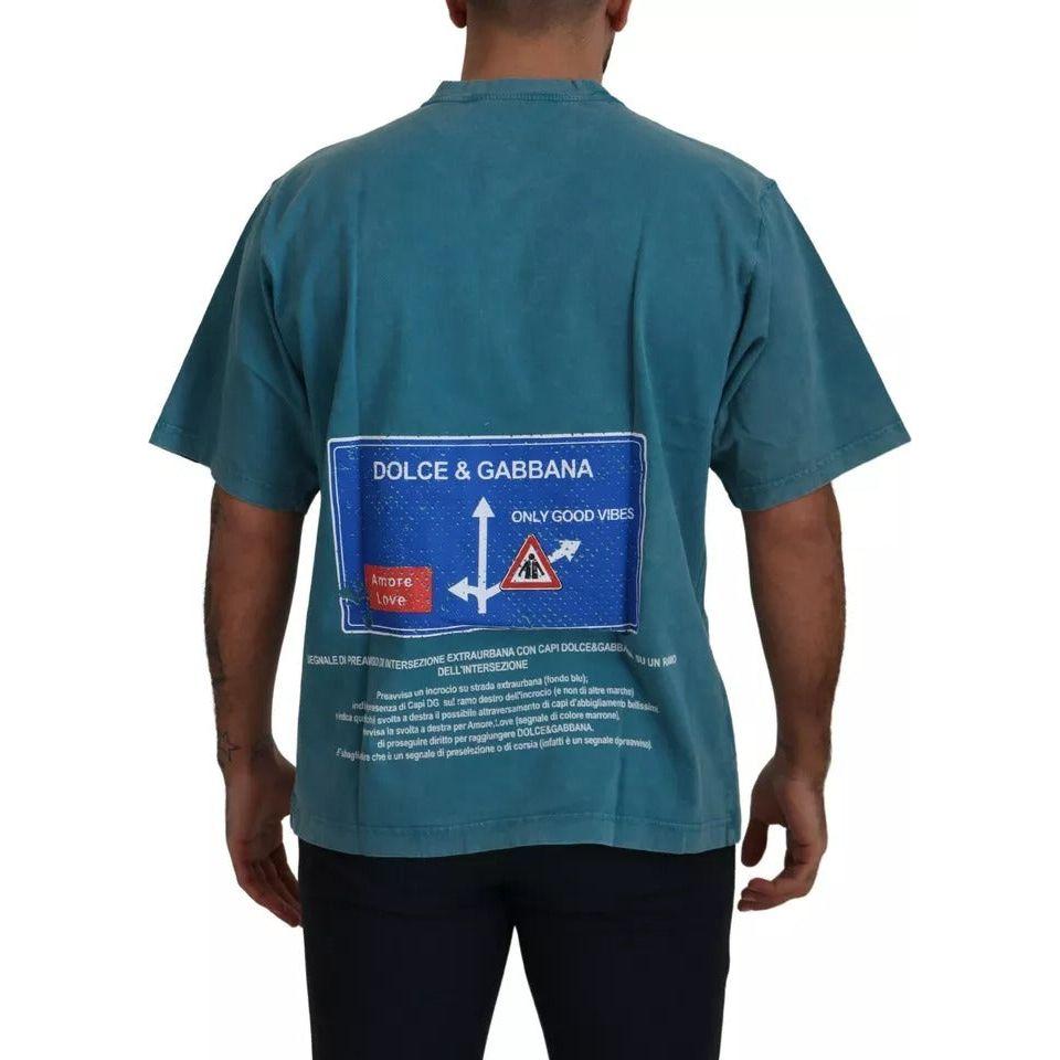 تي شيرت Dolce &amp; Gabbana أزرق بطبعة شعار من القطن برقبة دائرية