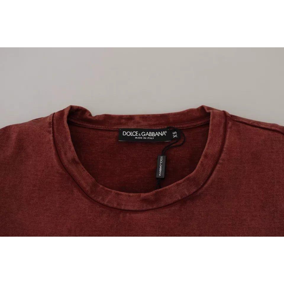 تي شيرت Dolce &amp; Gabbana Maroon Printed Crewneck من القطن
