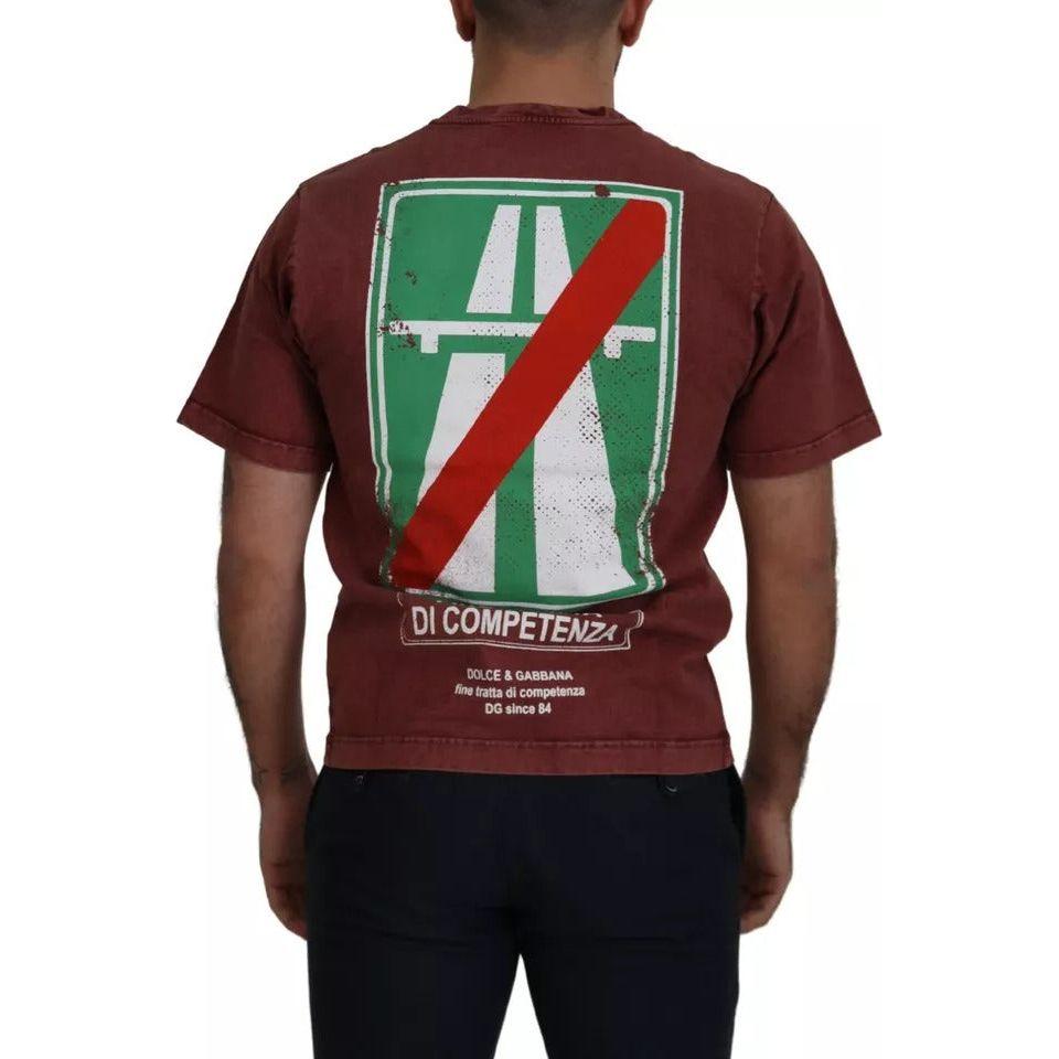 تي شيرت Dolce &amp; Gabbana Maroon Printed Crewneck من القطن