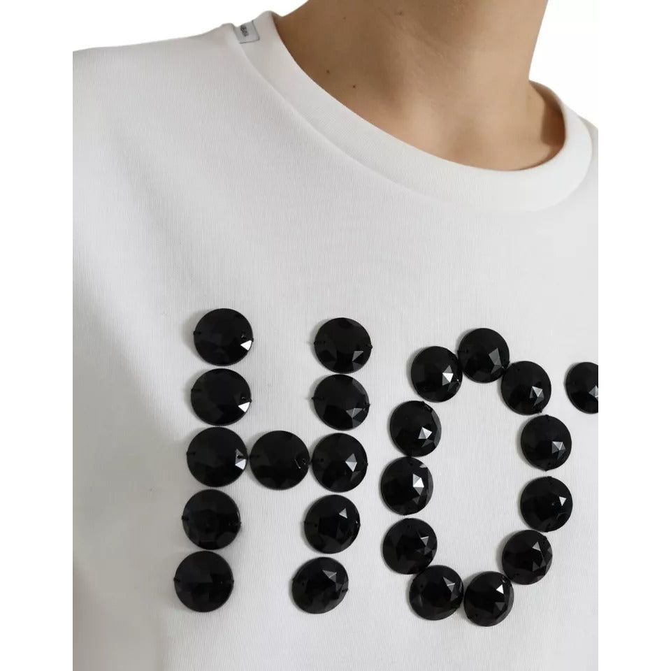 Dolce & Gabbana White Cotton Black HOT Crystal Top T-shirt Dolce & Gabbana