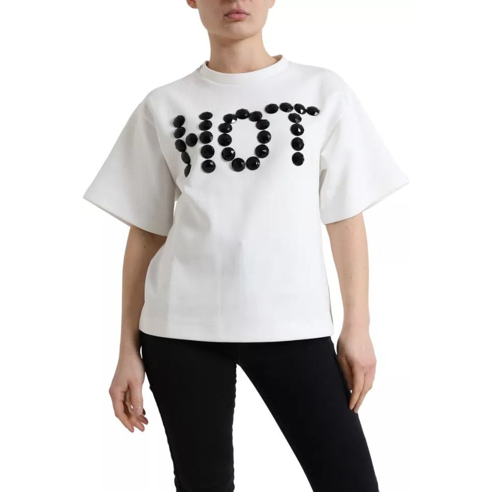 Dolce & Gabbana White Cotton Stretch Black HOT Crystal T-shirt Dolce & Gabbana