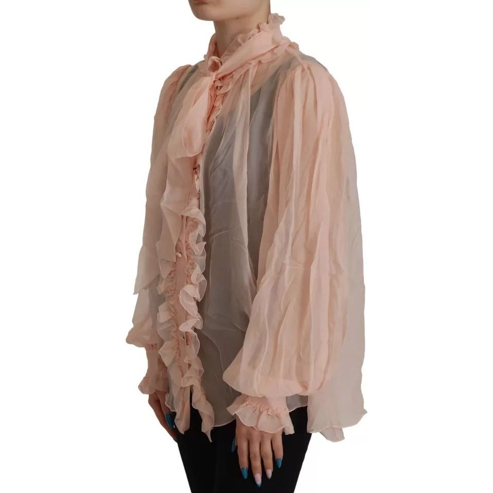 Dolce & Gabbana Light Pink Silk Ascot Collar Long Sleeves Top Dolce & Gabbana