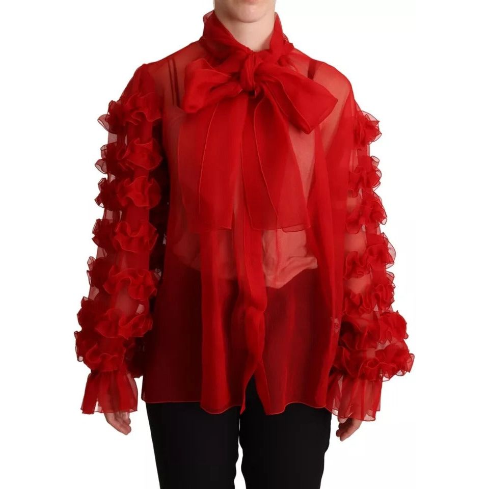 Red Silk Ascot Collar Ruffles Blouse Top