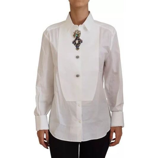 Dolce & Gabbana White Cotton Crystals Shirt Embellished Top Dolce & Gabbana