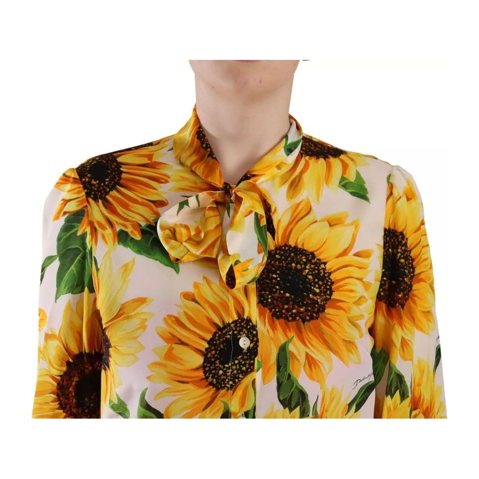 Dolce & Gabbana White Sunflower Silk Ascot Collar Blouse Top Dolce & Gabbana