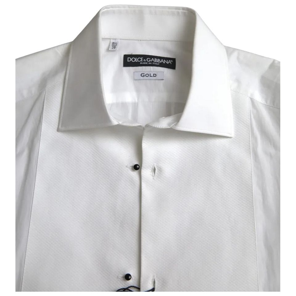 Dolce & Gabbana White Bib Cotton Poplin Men Formal GOLD Shirt Dolce & Gabbana