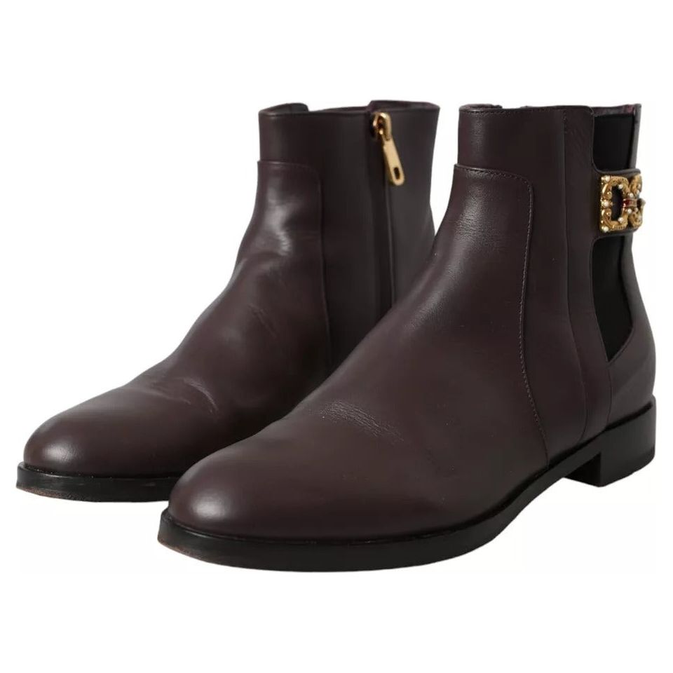 Dolce & Gabbana Brown Leather AMORE Flats Ankle Boots Shoes Dolce & Gabbana