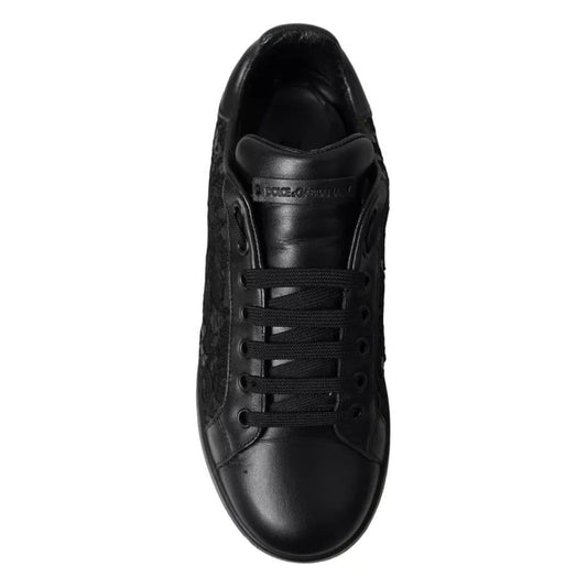 Dolce & Gabbana Black Floral Lace Leather Women Sneakers Shoes Dolce & Gabbana