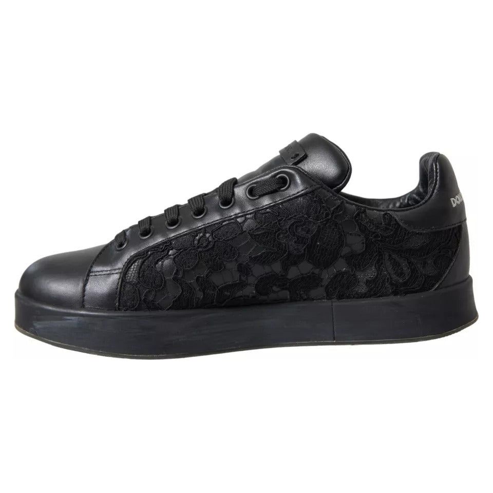 Dolce & Gabbana Black Floral Lace Leather Women Sneakers Shoes Dolce & Gabbana