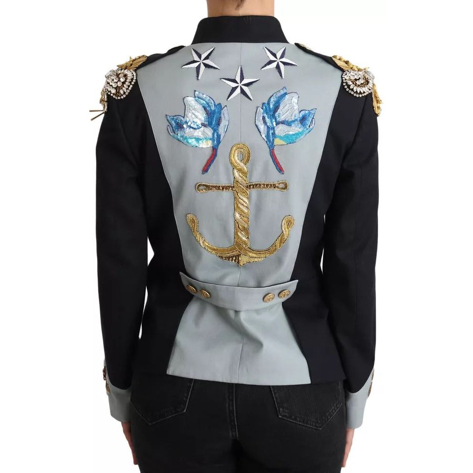 Blue Button Crystal Embellished Cotton Jacket